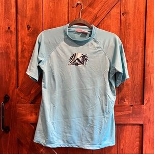 Teal Rash Guard from Hawaii with volcano and palm trees